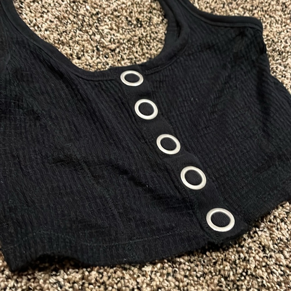 Free People Black Waffle Knit Crop Top, NWOT - Picture 3 of 5